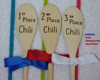 Chili Cook Off Bake Off Awards Trophy Prizes 1st 2nd 3rd Place Contest Competition Festival Event Set of 3 Wooden Spoons Engrave Wood burn