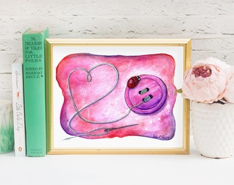 Ladybug Watercolor Print - Pink Nursery Wall Art Illustration Lady Bug Birthday - Watercolour Ladybird Painting - Sewing Gift Playroom Art