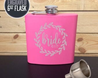 Engraved 6oz Flask, Pink Flask, Custom Stainless Steel Flask, Personalized Bride Flask, Flask for women, BRIDE