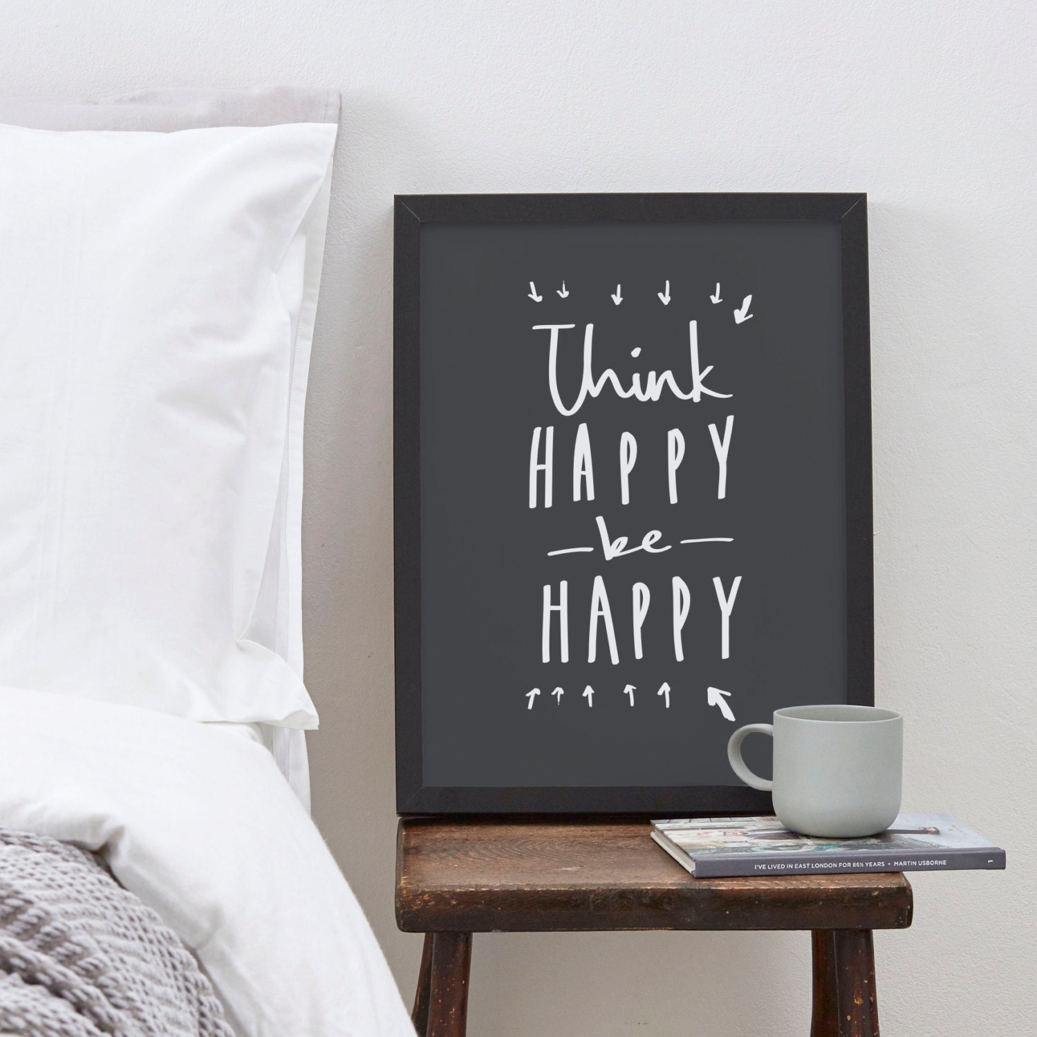 A4 Think Happy Be Happy Print Motivational Quote by OldEnglishCo