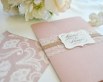 Lace, burlap, Blush Pocket Wedding Invitation-Rustic Elegance (NOT A SAMPLE LISTING) - Colors/wording/materials Customizable