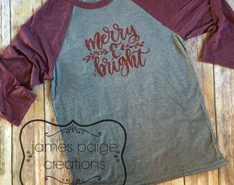 Women's Christmas T-Shirt, Merry & Bright Women's Holiday T-Shirt, Christmas Shirt for Women