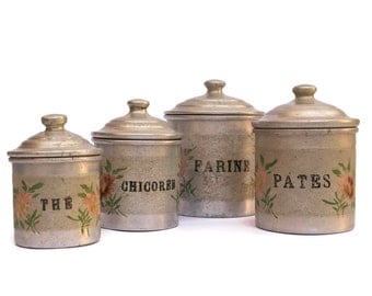 Shabby French Kitchen Canister Set. Vintage French Aluminum Kitchen Containers. Flour Canister.