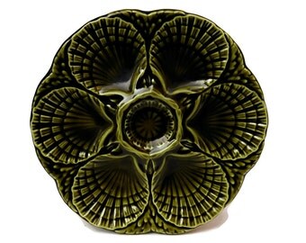 Sarreguemines Majolica Oyster Plate. Green Majolica Wall Plate.