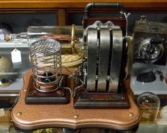 Beautiful Steampunk Apparatus: Antique 3 Bar Magneto Hand Crank Generator - Massive Magneto Powers a Lightbulb When You Crank The Handle!