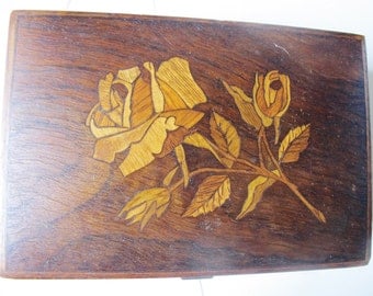 WOOD INLAY BOX, Roses, Hand Made, German, 6 1/2" x 4 1/2" x 2",