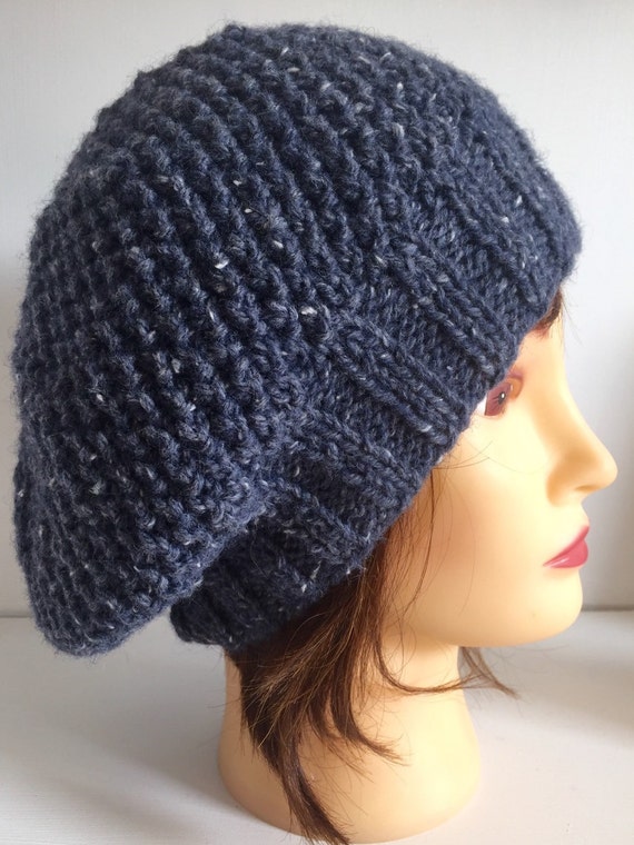 Womens Knit Beret Blue Wool Hat Handknit Hat Womens