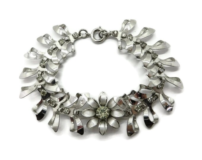 Silver Tone Linked Bows Bracelet, Vintage Rhinestone Flower Bracelet
