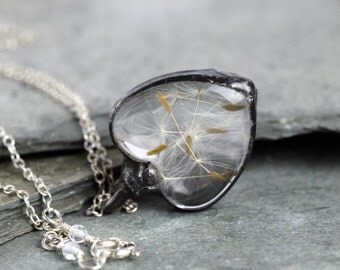 Heart Pendant Soldered Glass Pendant Dandelion Necklace Wish Jewelry Terrarium Natural Woodland Jewelry Rustic