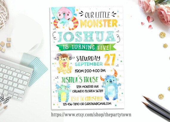 Monster Birthday Invitation, Little Monster invite, Watercolors Monster party printable, Personalized, first birthday, 1st birthday Party Il_570xn