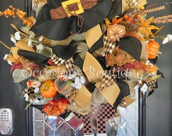 Fall Wreath, Autumn Wreath, Door Hanger, Large Wreath, Outdoor Wreath, Wreath for Door, Pilgrim decor, Thanksgiving Decor