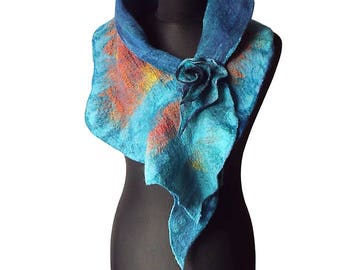 Felted collar colorful felt scarf felted shawl colorful art to wear for her collar with felted brooch summer women's gift OOAK