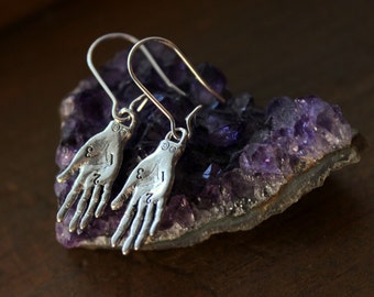 Fortune Teller Dangle Earrings, Palmistry Earrings, Oracle Jewelry, Palm Reading Jewelry, Palmistry Hand, Fortune Teller Gypsy, Witchcraft