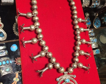 Vintage Navajo Squash Blossom necklace Kingman turquoise Naja large smooth oversize Navajo pearls 1960's sterling silver 925 pawn