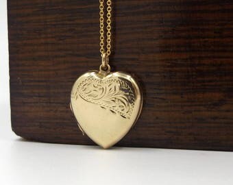 9ct Gold Heart Locket | Vintage 9ct Back And Front Locket On A Chain | 9k Pendant Engraved Locket Necklace