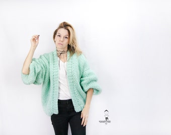 Chunky Cardigan - Oversized Knitted Cardigan - Mint Bomber - Loose fit - Open Style Sweater - LILU Cardigan - Loose fit Sweater