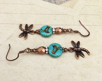 Turquoise Earrings, Copper Earrings, Bronze Earrings, Bird Earrings, Dragonfly Earrings, Czech Glass Beads, Green Earrings, Long Earrings