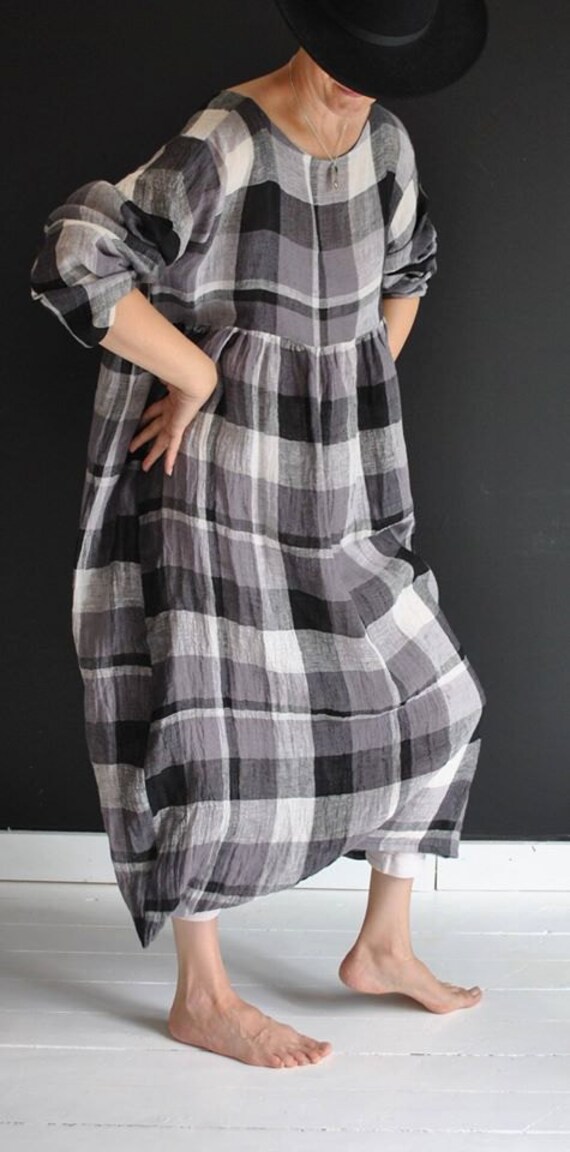 Linen dress checkered linen fabric loose linen dress