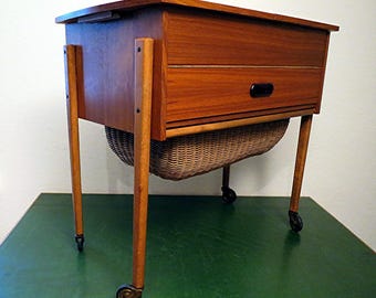 50s Vintage Danish Sewing Basket, Sewing Box, Sewing Table - Top Condition