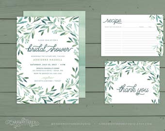Greenery Bridal Shower Invitation Suite Recipe Card Thank You PRINTABLE Sage Green Garden Spring Bridal Shower Invitation Set Watercolor