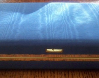 jewelry box, mele travel jewelry box, snaps shut, mirror, silk type royal blue fabric
