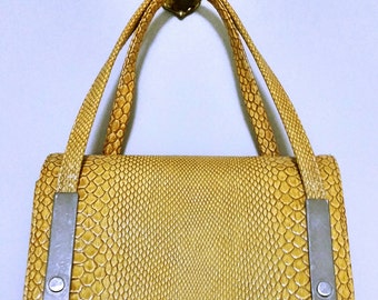 Vintage Snake Skin Hand Bag/Evening Bag Mustrard With Silver Hardware Purse