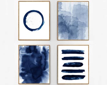 Abstract Watercolor Set Indigo Blue Wall art Large Navy Prints Minimalist art Minimal Contemporary Modern art Circle Stripes Beach Decor