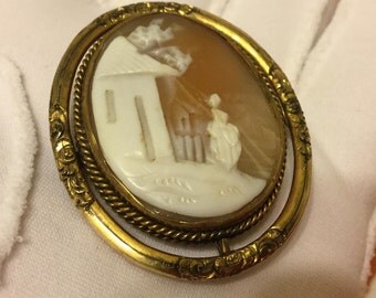 Gold Tone Victorian Swivel Carved Shell Cameo Mourning Brooch Pin