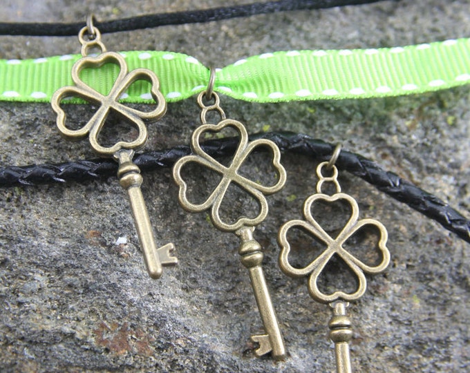 Shamrock Key Necklace, Clover Leaf Pendant, St. Patrick's Day Charm, Party Gift for Her, Comes on Green Ribbon Black Leather or Silky Cord