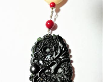 Black Jade Water Dragon Necklace Year of the Dragon Carved Black Dragon Amulet Black Green Jade Dragon w Black Onyx Red Coral and Sterling