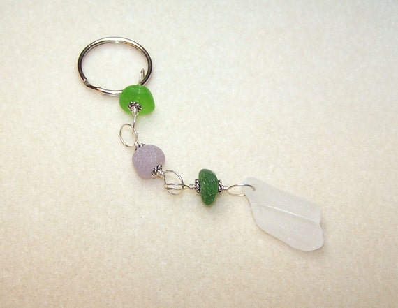 Real Sea Glass Keychain Beaded Key Chain One of a Kind