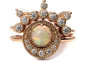 Diamond and Opal Shooting Star Celestial Engagement Ring Set - 14k Rose Gold