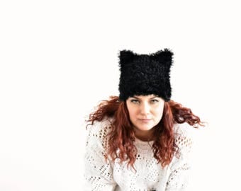 Black pussycat hat, cat ear hat, cat hat, kitty hat, hat with ears, pussycat beanie, animal hat, pussyhat, women march hat, fur pussy cat