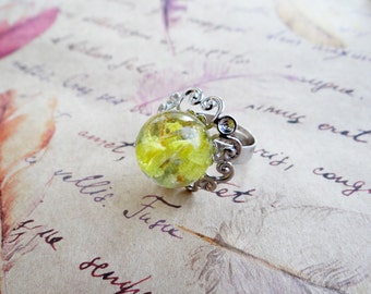 Bohemian jewelry dried flowers jewelry sphere statement ring boho jewelry real flower ring globe ring orb bohemian rings yellow jewelry gift