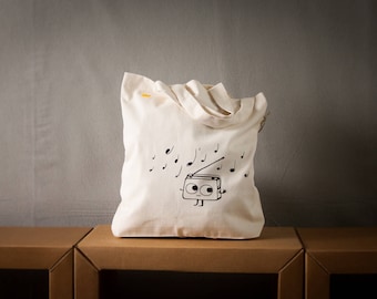 Cute Radio cotton canvas tote bag for shopping dancing Radio music graphic - in multiple colors