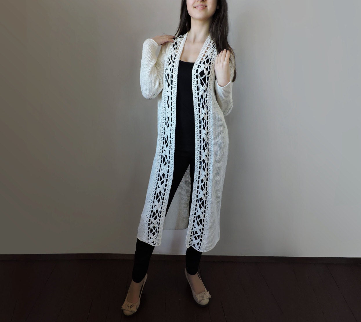 Duster coat Long cardigan Extra long sweater Crochet hem Ivory