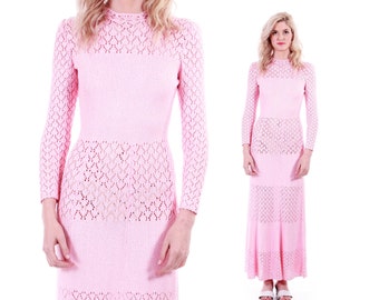 Vintage Pink Crochet Maxi Dress Long Sleeved 70's Retro Women's Size XS / Small