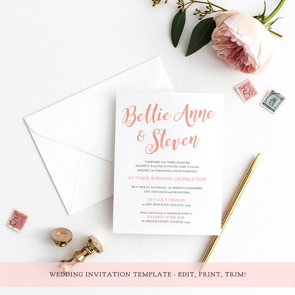 Coral Wedding Invitation Template 5x7 Printable Invitation Invitation Bettie Diy Editable 5x7 Wedding Invitation Template