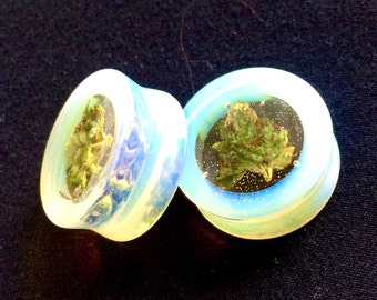 Healing Opal Cannabis Filled Plugs-Opalite Plugs-October Birthday-Opal Tunnels-Opal Jewelry-Unique Plugs-Gifts for Stoners-Weed Plugs