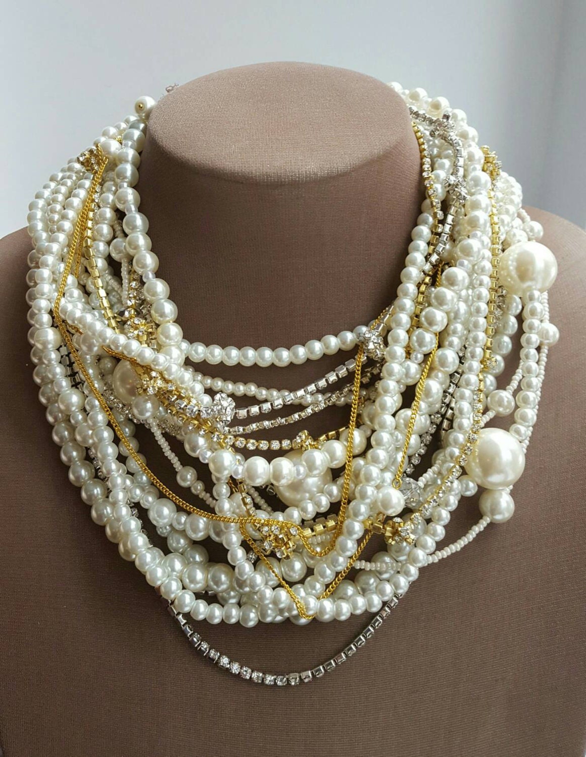 Chunky multilayer pearl rhinestone statement necklace