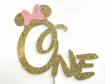 Minnie Mouse Cake Topper Gold Pink Glitter Minnie Cake Topper First Birthday Party Cake Stick One Minnie Cake Decoration Name Topper Custom