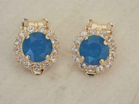 Swarovski Caribbean Blue Opal & Clear Crystal Halo Clip On Earrings, Yellow Gold