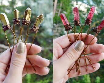 Red and Gold Quartz Crystal Hair Pins, Crystal Hair Accessories, Wedding Bridal Hair Pins
