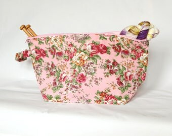 Extra large project bag in pale pink rose print; zip knitting project bag, crochet bag, yarn bag, make up bag,