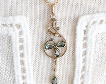 Antique Edwardian 10K Yellow Gold Lavalier Pendant Glass Blue Paste Necklace Gift Women Girlfriend Wife March November December Birthstones
