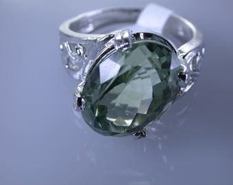Green Amethyst Sterling Silver Ring, Rhodium Plated, Natural Gemstone, Praisiolite Ring