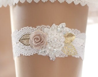 wedding garter, bridal garter, lace garter, white garter, crystal garter, toss garter, white lace garter, gold garter