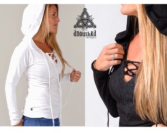 Lace up tee, boho clothing hoodie, pixie hood, black laceup, bohemian white hippie lace Tshirt, goth steampunk, goa psytrance, fairy elf top