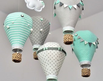 Hot air balloon baby mobile,Grey,Mint,White,Personalized,Handmade,Nursery decor,Travel theme,Custom mobile, Create mobile in your color