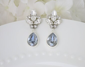 Wedding earring, Swarovski crystal teardrop post earring, Blue-gray rhinestone bridal earring, Faceted crystal drop earring